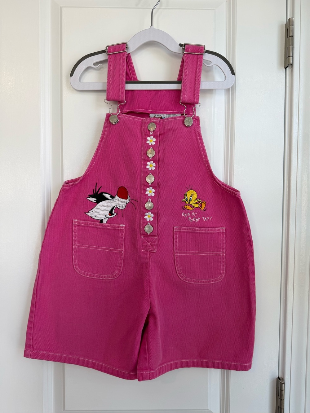 Vintage 90s Looney Tunes Tweety Sylvester Pink Shortalls Embroidered Pink Size 8